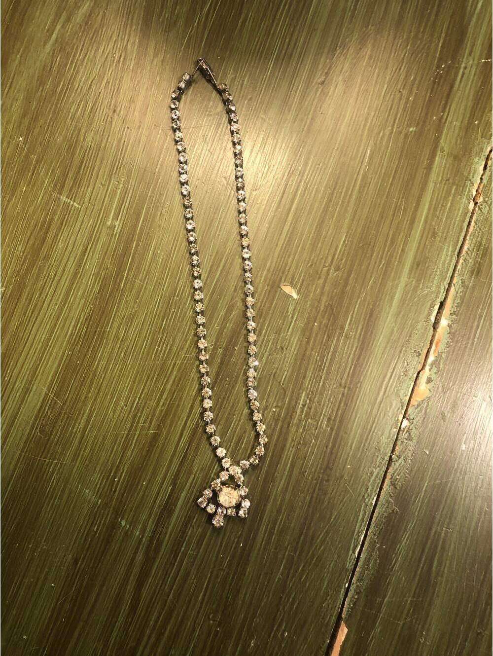 Vintage Rhinestone Silver Necklace - 14"